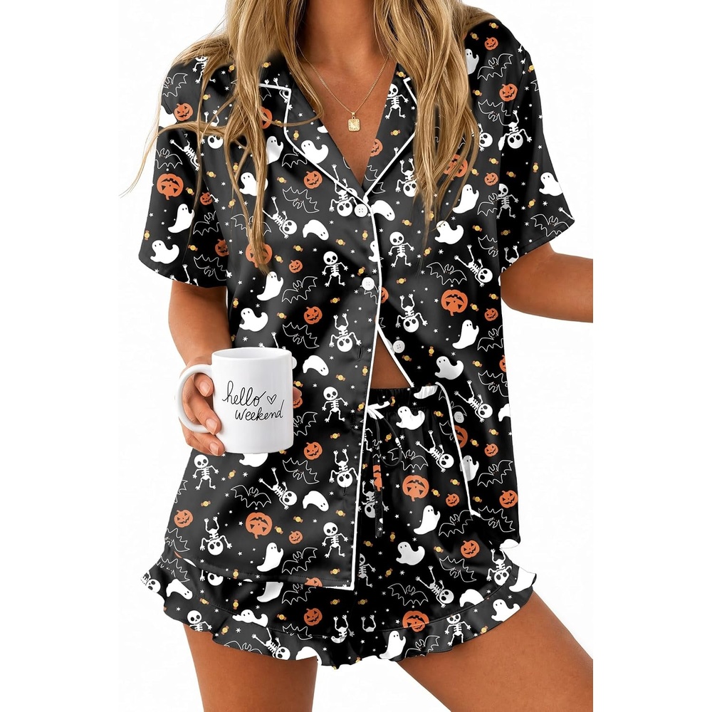 image:imageEkouaer Silk Satin Pajamas for Women Button Down Pjs Shorts Set with RuffleHalloween