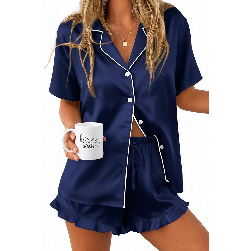 image:imageEkouaer Silk Satin Pajamas for Women Button Down Pjs Shorts Set with RuffleNavy Blue