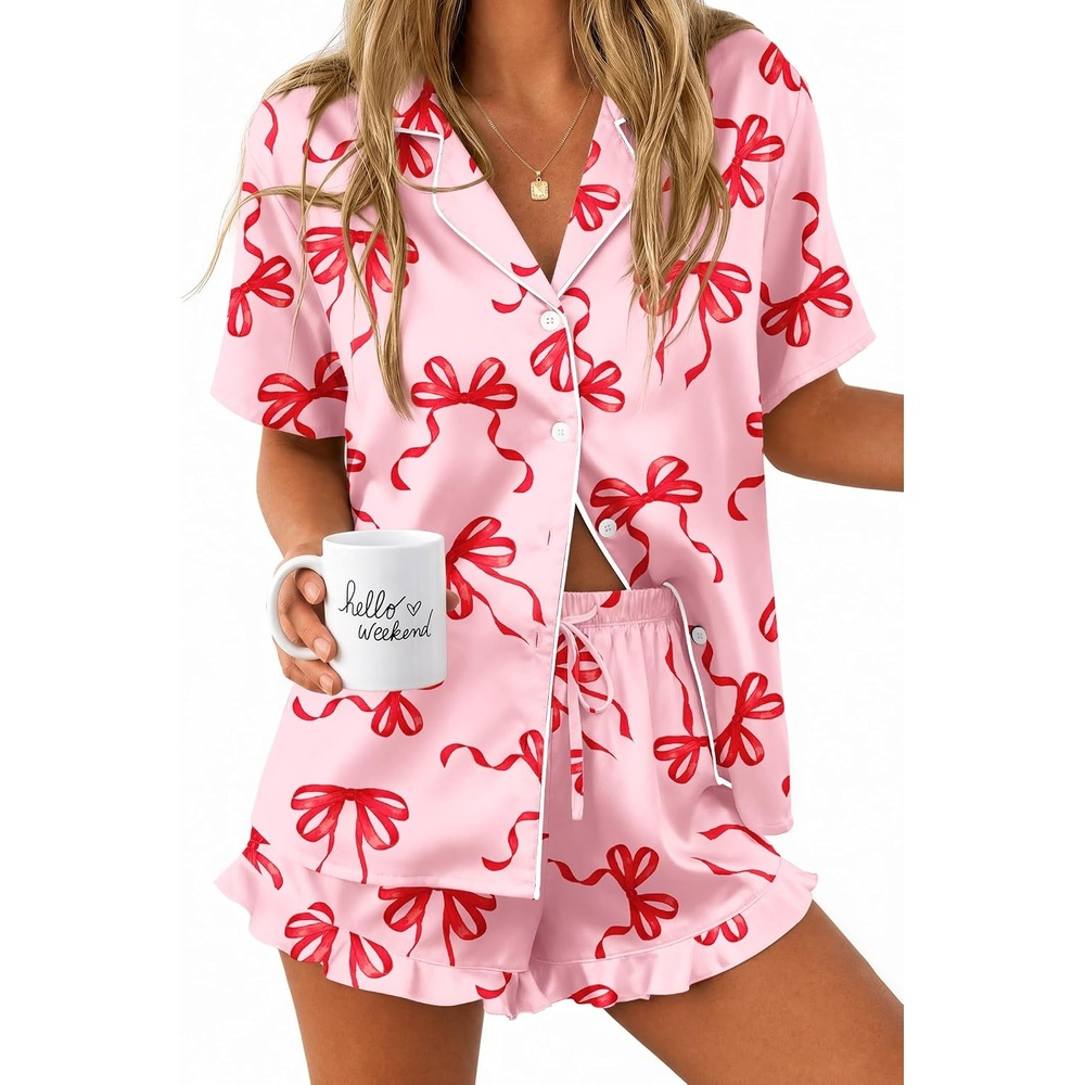 image:imageEkouaer Silk Satin Pajamas for Women Button Down Pjs Shorts Set with RufflePink Bow
