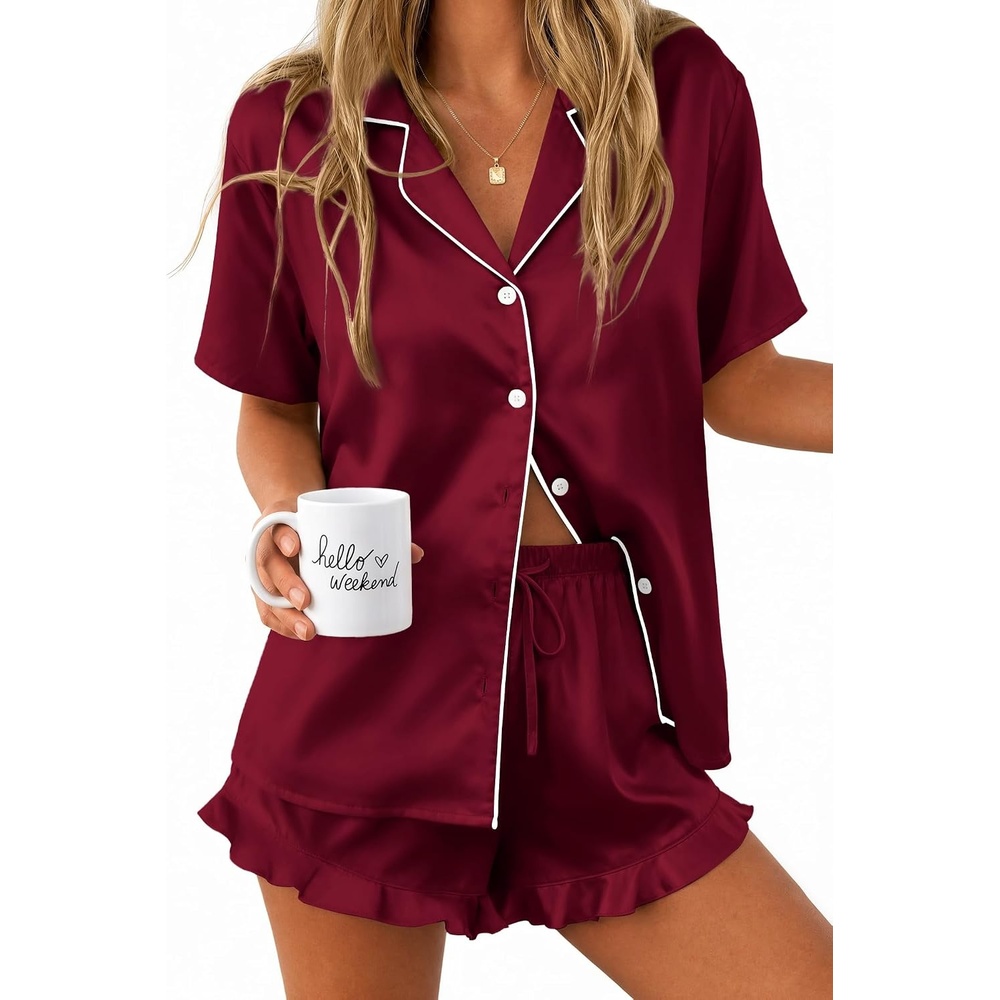 image:imageEkouaer Silk Satin Pajamas for Women Button Down Pjs Shorts Set with RuffleWine Red