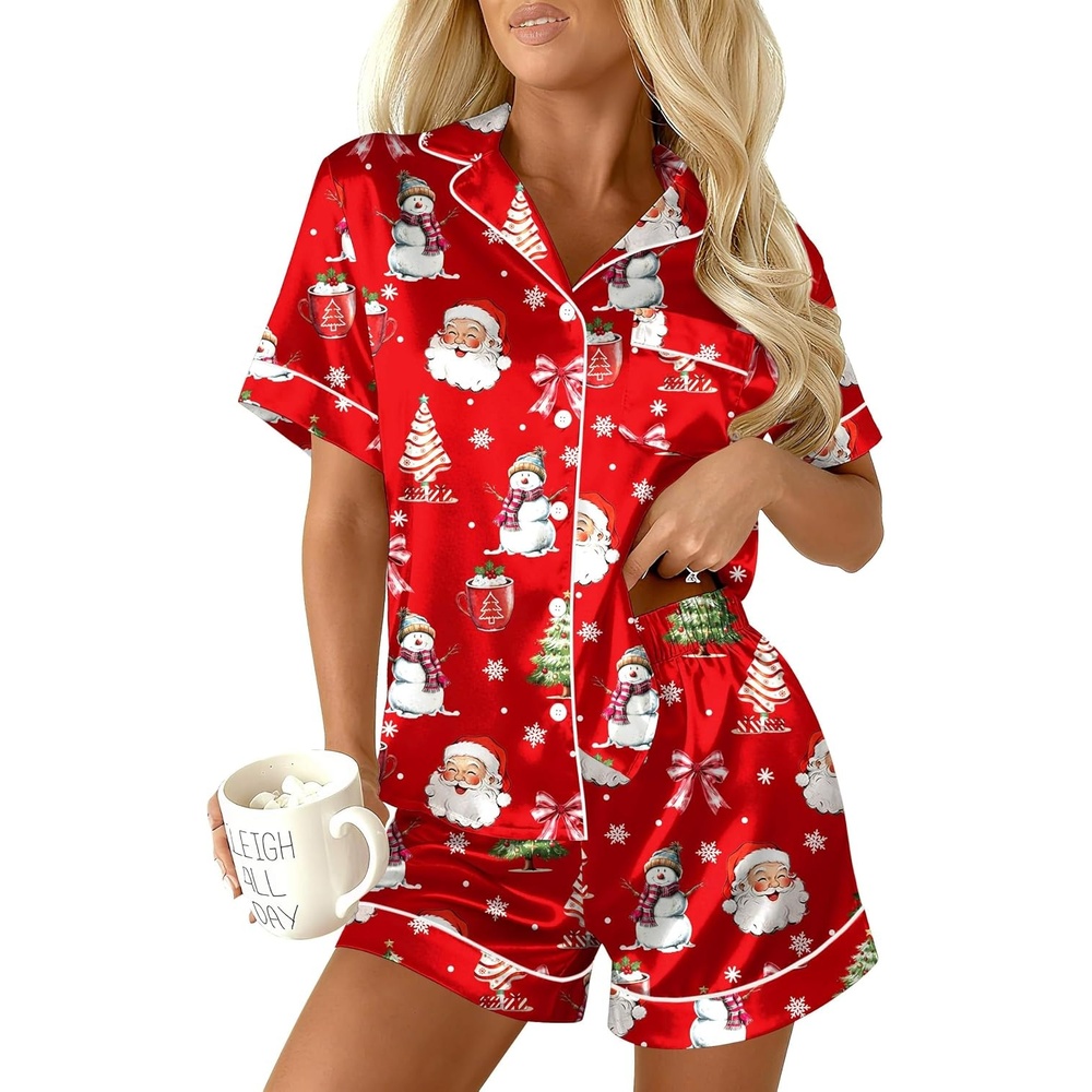 image:imageEkouaer Womens Christmas Pajamas Silk Satin Sleepwear Holiday Matching PjsChristmas Red Santa Snowman