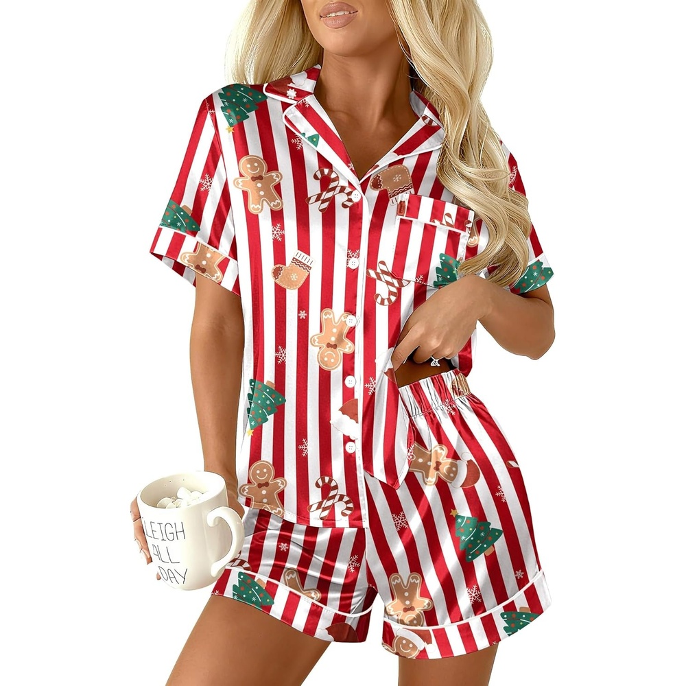 image:imageEkouaer Womens Christmas Pajamas Silk Satin Sleepwear Holiday Matching PjsChristmas Red Striped