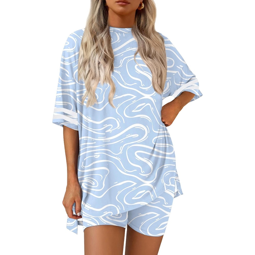 image:imageEkouaer Womens Pajamas Casual 2 Piece Short Sleeve Biker Shorts Lounge SetLight Blue Curve