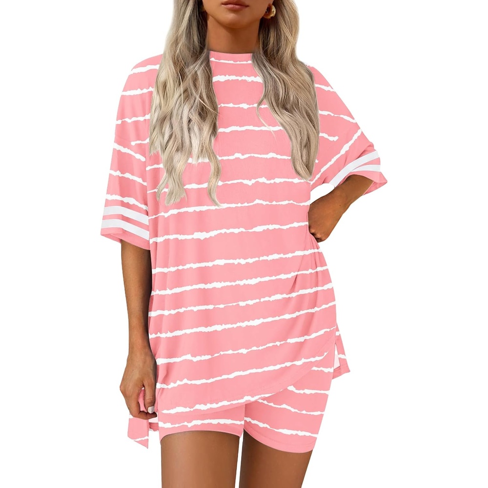 image:imageEkouaer Womens Pajamas Casual 2 Piece Short Sleeve Biker Shorts Lounge SetPink Striped