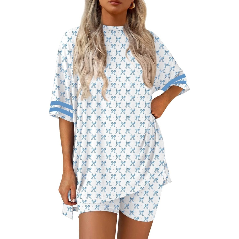 image:imageEkouaer Womens Pajamas Casual 2 Piece Short Sleeve Biker Shorts Lounge SetWhite Blue Bow Knot