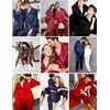 Ekouaer Couples Matching Pajamas Silk Long Sleeve Sleepwear Satin Pjs Set(Red)