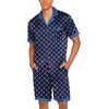 Ekouaer Men Silk Pajamas Set 2 Pieces Satin Pj Button Down Loungewear Sets(Navy Blue Diamond)
