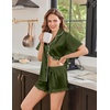 Ekouaer Silk Satin Pajamas for Women Button Down Pjs Shorts Set with Ruffle(Army Green)