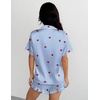 Ekouaer Silk Satin Pajamas for Women Button Down Pjs Shorts Set with Ruffle(Blue Stripe Heart)