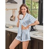 Ekouaer Silk Satin Pajamas for Women Button Down Pjs Shorts Set with Ruffle(Blue White Black Stripe)