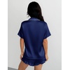 Ekouaer Silk Satin Pajamas for Women Button Down Pjs Shorts Set with Ruffle(Navy Blue)