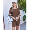 Ekouaer Womens Pajamas Casual 2 Piece Short Sleeve Biker Shorts Lounge Set(Brown)