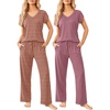 Ekouaer 2 Pack Womens Pajama Set Short Sleeve Sleepwear Soft Pjs Lounge Set(Brown Striped/Dusty Rose)