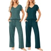 Ekouaer 2 Pack Womens Pajama Set Short Sleeve Sleepwear Soft Pjs Lounge Set(Green Striped/Dark Green)