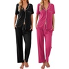 Ekouaer 2 Pack Womens Pajamas Sets Short Sleeve Pjs Button Up Sleepwear Set(Black_hot Pink)