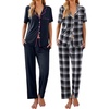 Ekouaer 2 Pack Womens Pajamas Sets Short Sleeve Pjs Button Up Sleepwear Set(Deep Blue_black Plaid)