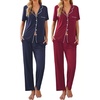 Ekouaer 2 Pack Womens Pajamas Sets Short Sleeve Pjs Button Up Sleepwear Set(Navy Blue_wine Red)