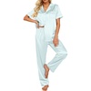 Ekouaer 2 Piece Satin Short Sleeve Pajamas Set Button Down Sleepwear(Deep Green Striped)