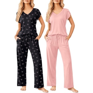 Ekouaer 2 Pack Womens Pajama Set Short Sleeve Sleepwear Soft Pjs Lounge Set(Pink/Black Bow)