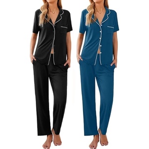 Ekouaer 2 Pack Womens Pajamas Sets Short Sleeve Pjs Button Up Sleepwear Set(Black _Blue)