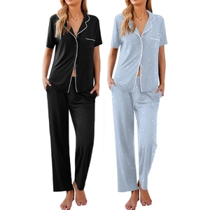 Ekouaer 2 Pack Womens Pajamas Sets Short Sleeve Pjs Button Up Sleepwear Set(Black_blue Stars)