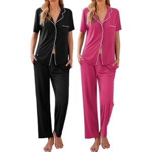 Ekouaer 2 Pack Womens Pajamas Sets Short Sleeve Pjs Button Up Sleepwear Set(Black_hot Pink)