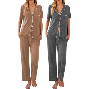 Ekouaer 2 Pack Womens Pajamas Sets Short Sleeve Pjs Button Up Sleepwear Set(Brown_medium Gray)