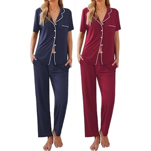 Ekouaer 2 Pack Womens Pajamas Sets Short Sleeve Pjs Button Up Sleepwear Set(Navy Blue_wine Red)