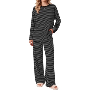 Ekouaer 2 Piece Lounge Sets for Women Long Sleeve Matching Pajama Set(Black Stripes)