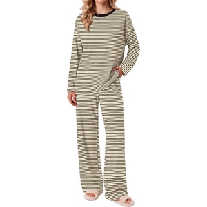 Ekouaer 2 Piece Lounge Sets for Women Long Sleeve Matching Pajama Set(Khaki Stripes)