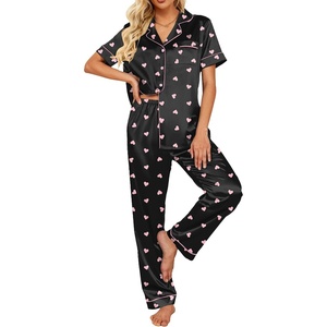Ekouaer 2 Piece Satin Short Sleeve Pajamas Set Button Down Sleepwear(Black Champagne Striped)