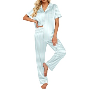 Ekouaer 2 Piece Satin Short Sleeve Pajamas Set Button Down Sleepwear(Deep Green Striped)