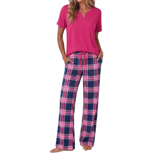 Ekouaer 2 Piece Womens Pajamas Set Short Sleeve Pjs Print Pants Lounge Set(Pink Plaid)