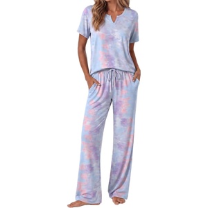 Ekouaer 2 Piece Womens Pajamas Set Short Sleeve Pjs Print Pants Lounge Set(Pink and Purple Tie-dye)