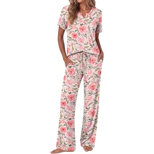 Ekouaer 2 Piece Womens Pajamas Set Short Sleeve Pjs Print Pants Lounge Set(White Flower)