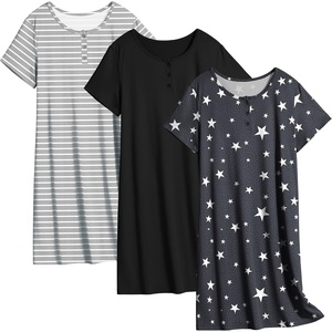 Ekouaer 3 Pack Women’s Sleepshirts Soft Sleepwear Short Sleeve T-Shirt Nightgowns Casual Sleepdress Nightshirts(Balck+star+strip)