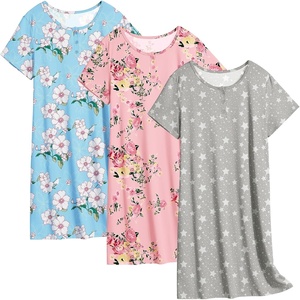 Ekouaer 3 Pack Women’s Sleepshirts Soft Sleepwear Short Sleeve T-Shirt Nightgowns Casual Sleepdress Nightshirts(Blue Flowers+pink Flowers+grey Star)