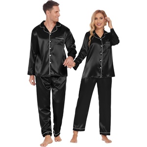 Ekouaer Couples Matching Pajamas Silk Long Sleeve Sleepwear Satin Pjs Set(Black)