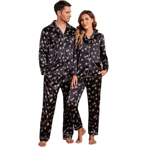Ekouaer Couples Matching Pajamas Silk Long Sleeve Sleepwear Satin Pjs Set(Black With Snowflakes)