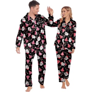 Ekouaer Couples Matching Pajamas Silk Long Sleeve Sleepwear Satin Pjs Set(Christmas Black Santa)