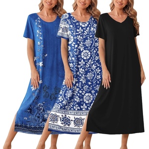 Ekouaer Long Nightgowns for Women 3 Pack Plus Size Short Sleeve House Dress(Black/Blue Bohemian Flowers/Blue Floral)