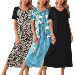 Ekouaer Long Nightgowns for Women 3 Pack Plus Size Short Sleeve House Dress(Black/Blue Flower/Lepoard)