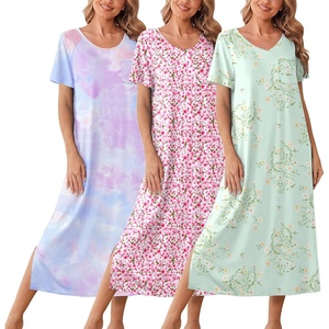 Ekouaer Long Nightgowns for Women 3 Pack Plus Size Short Sleeve House Dress(Light Green Floral/Pink Floral/Purple Tie Dye)