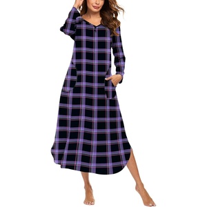 Ekouaer Long Nightgowns for Women Long Sleeve House Dress with Pockets(Black & Purple Plaid)