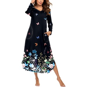 Ekouaer Long Nightgowns for Women Long Sleeve House Dress with Pockets(Black Butterflies)