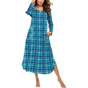 Ekouaer Long Nightgowns for Women Long Sleeve House Dress with Pockets(Blue & Green Plaid)