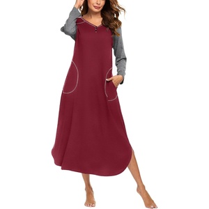 Ekouaer Long Nightgowns for Women Long Sleeve House Dress with Pockets(B_wine Red)