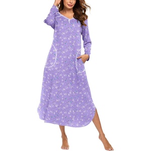 Ekouaer Long Nightgowns for Women Long Sleeve House Dress with Pockets(Purple White Florals)
