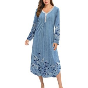 Ekouaer Long Sleeve Nightgowns for Women Button Front Long Night Gowns(Blue Floral)