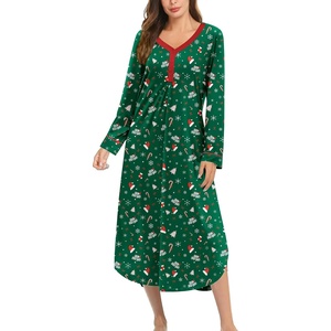 Ekouaer Long Sleeve Nightgowns for Women Button Front Long Night Gowns(Christmas Green Flower)